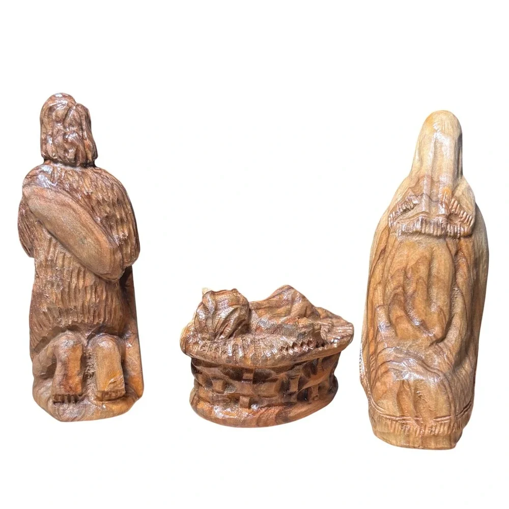 Antique Hand Carved Olive Wood Nativity Set 12 Piece Jerusalem Signed‎ by Artist